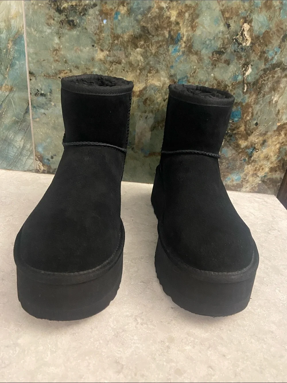 UGG Black Suede Platform Mini Shearling Winter Boots, size 9
